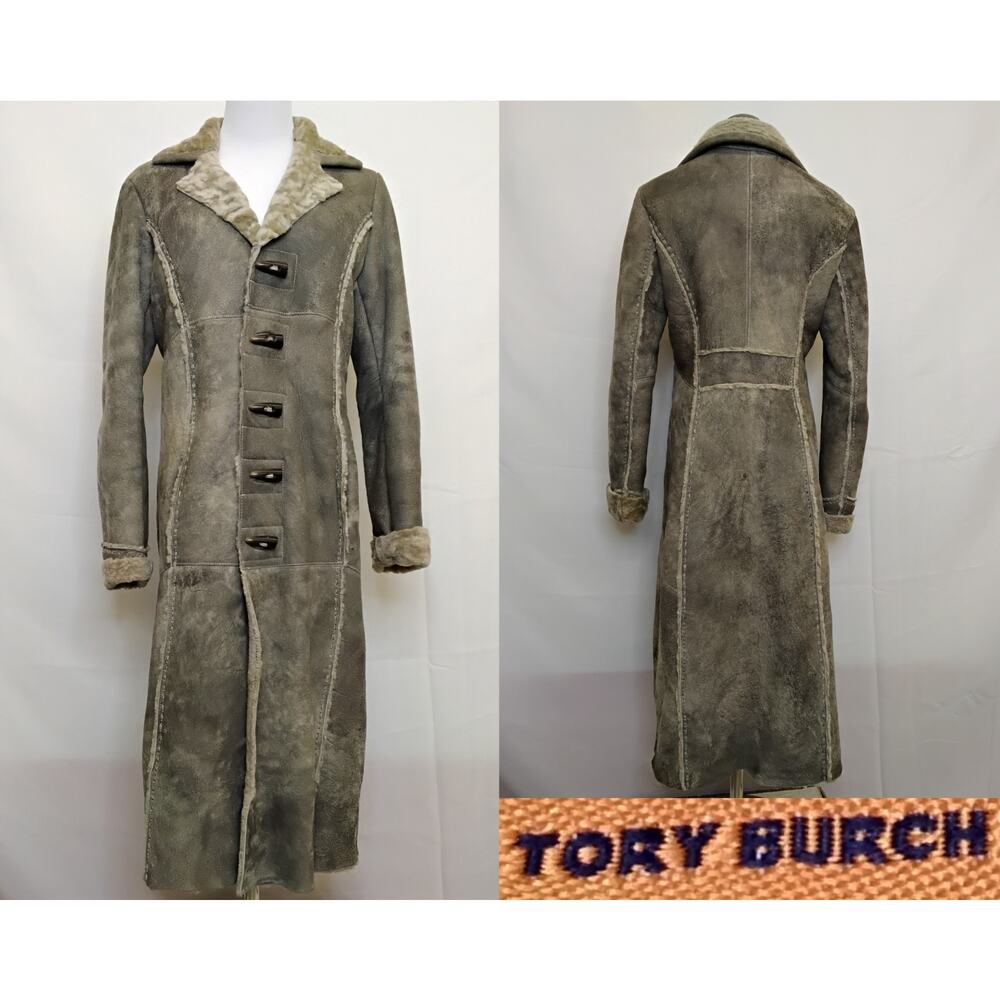 Tory Burch Leather/Fur Jacket Size Women's S Faux Bone Buttons Gray/Tan #Z5120